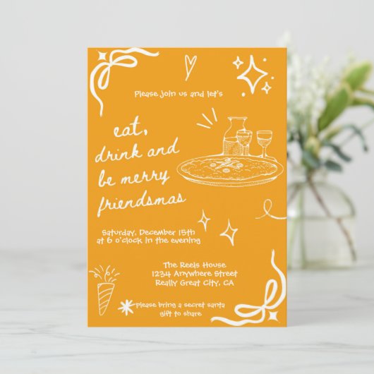 Hand getrokken Friendsmas Vakantie Uitnodiging Sin (Staand voorkant)