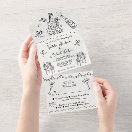 Hand getrokken funky doodle bruiloft all in one uitnodiging (Afscheurbaar)