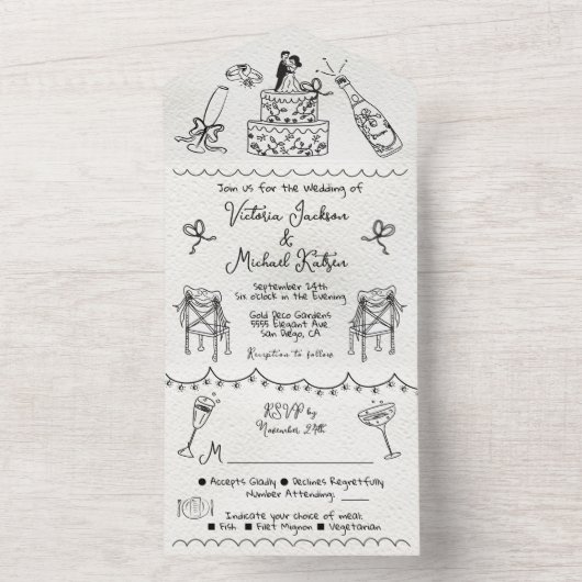 Hand getrokken funky doodle bruiloft all in one uitnodiging (Binnen)