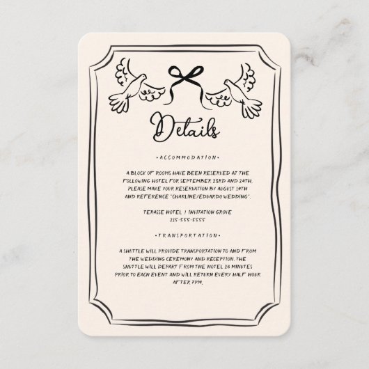 Hand getrokken Funky Doodle Wedding Details Informatiekaartje (Voorkant)