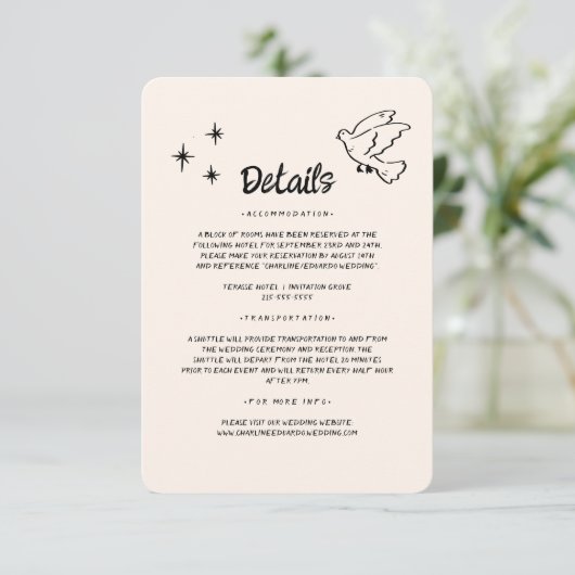 Hand getrokken Funky Doodle Wedding Details Informatiekaartje (Staand voorkant)