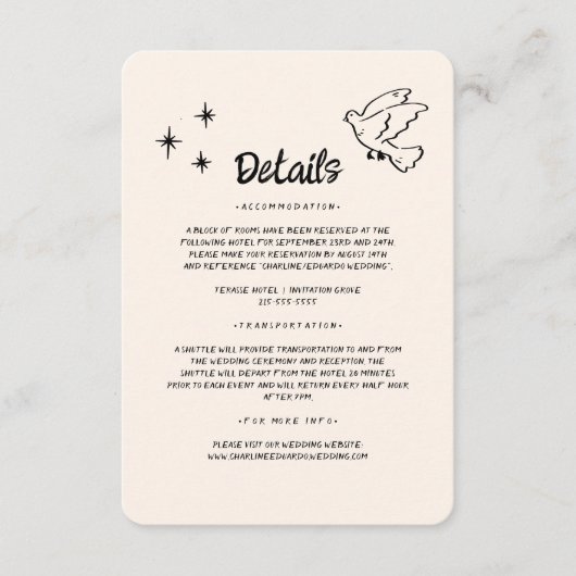 Hand getrokken Funky Doodle Wedding Details Informatiekaartje (Voorkant)