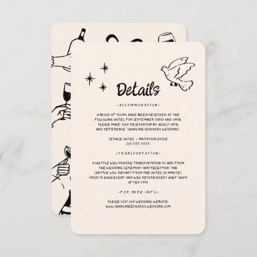 Hand getrokken Funky Doodle Wedding Details Informatiekaartje (Voorkant / Achterkant)