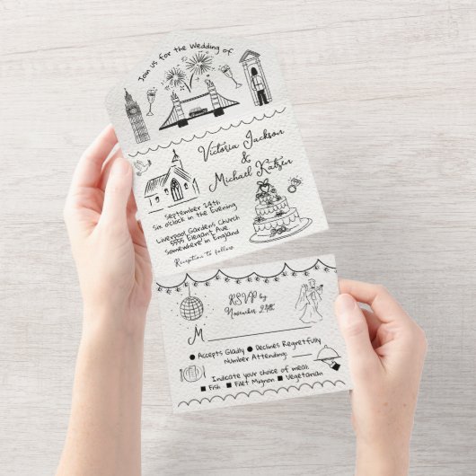 Hand Getrokken funky Engeland doodle bruiloft All In One Uitnodiging (Afscheurbaar)