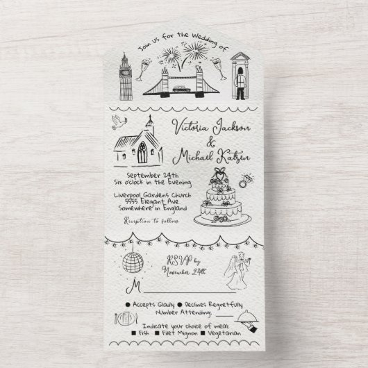 Hand Getrokken funky Engeland doodle bruiloft All In One Uitnodiging (Binnen)