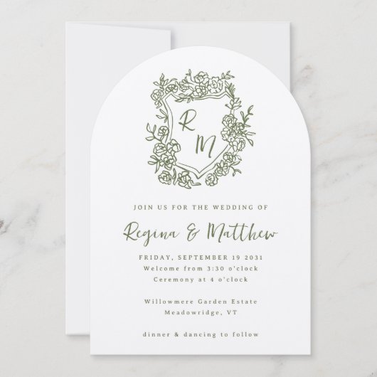 Hand getrokken Funky Floral Crest Monogram Huwelij Kaart (Voorkant)