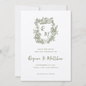 Hand getrokken Funky Floral Crest Monogram Huwelij Save The Date (Voorkant)