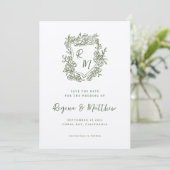 Hand getrokken Funky Floral Crest Monogram Huwelij Save The Date (Staand voorkant)