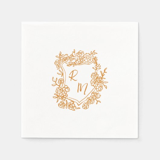 Hand getrokken Funky Floral Crest Monogram Huwelij Servet (Voorkant)
