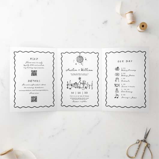 Hand getrokken Funky Foto QR Code RSVP bruiloft Drieluik Uitnodiging (Binnen)