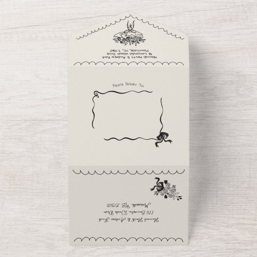 Hand getrokken funky grillige bruiloft alles in éé all in one uitnodiging (Buitenkant)