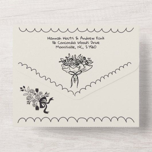 Hand getrokken funky grillige bruiloft alles in éé all in one uitnodiging (Achterkant)