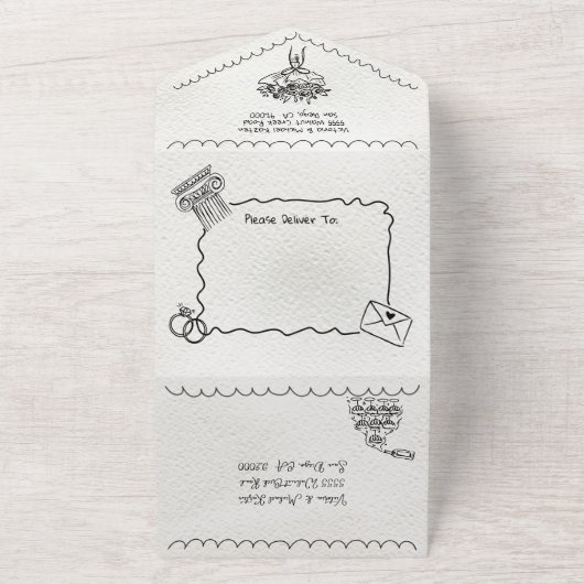 Hand Getrokken funky Italië doodle bruiloft All In One Uitnodiging (Buitenkant)