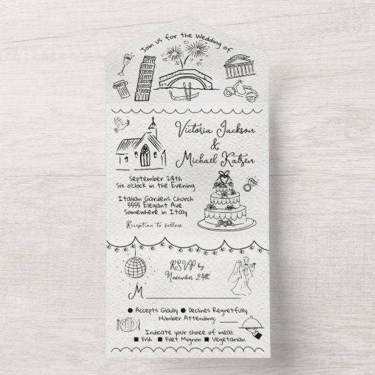 Hand Getrokken funky Italië doodle bruiloft All In One Uitnodiging (Binnen)