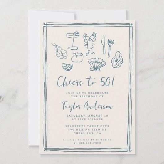 Hand getrokken Funky Nautical Beach 50e verjaardag Kaart (Voorkant)