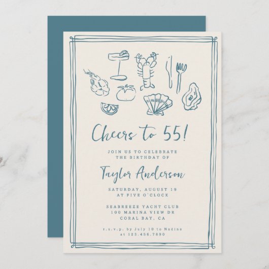 Hand getrokken Funky Nautical Beach 55e verjaardag Kaart (Voorkant / Achterkant)
