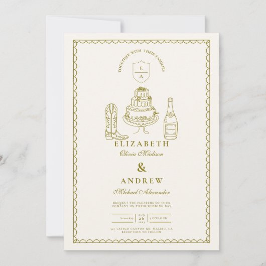 Hand getrokken Funky Western Doodle Wedding Kaart (Voorkant)