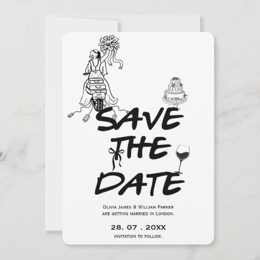 Hand getrokken Funky Whimsical Minimal bruiloft FO Save The Date (Voorkant)