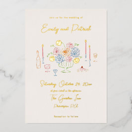 Hand getrokken Funky Whimsical Pastel Wedding Folie Uitnodiging