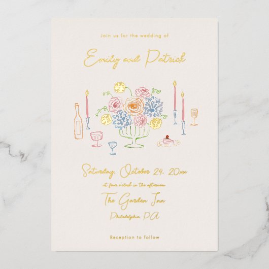 Hand getrokken Funky Whimsical Pastel Wedding Folie Uitnodiging (Voorkant)