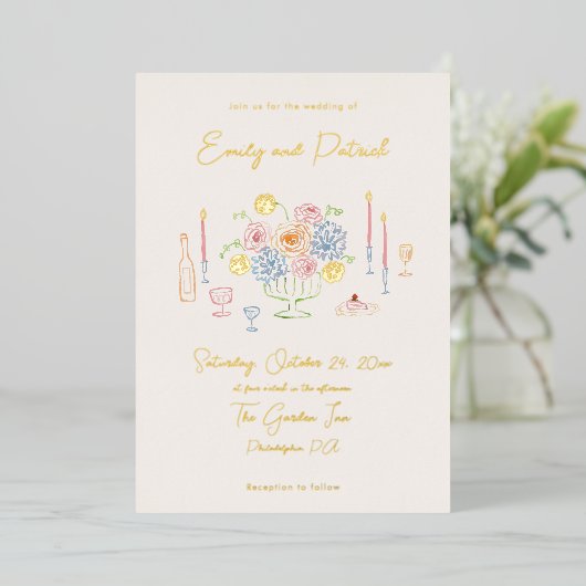 Hand getrokken Funky Whimsical Pastel Wedding Folie Uitnodiging (Staand Voorkant)