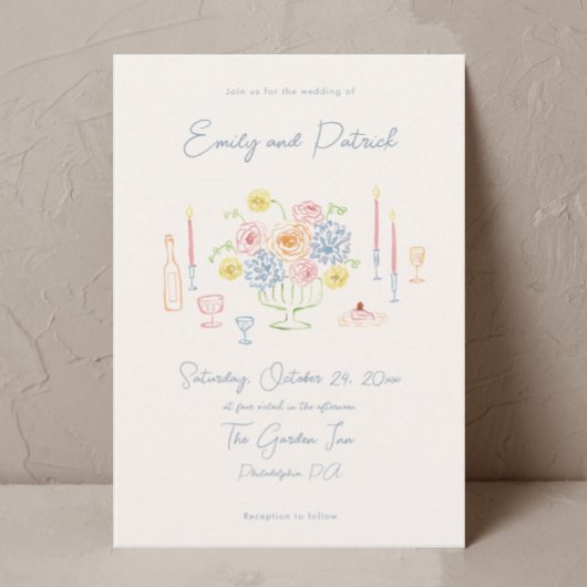 Hand getrokken Funky Whimsical Pastel Wedding Kaart