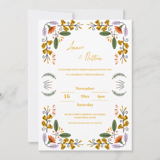 Hand getrokken geel Bloemen Lijst Huwelijksuitnodi (Voorkant)