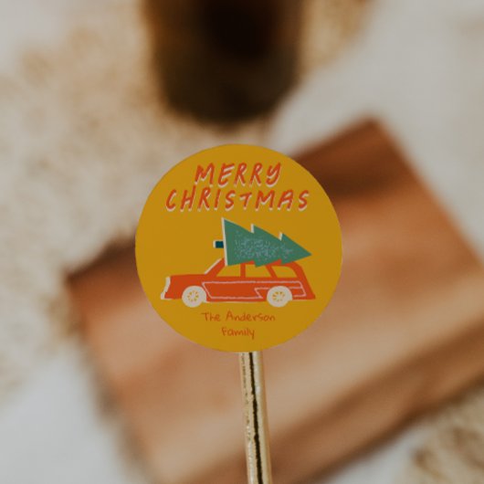  Hand Getrokken Geel Rode Autoboom Kerstmis Ronde Sticker