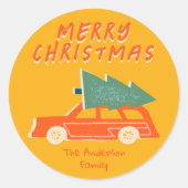  Hand Getrokken Geel Rode Autoboom Kerstmis Ronde Sticker (Voorkant)