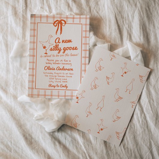 Hand getrokken Gekke Goose Gingham lint Baby showe Kaart