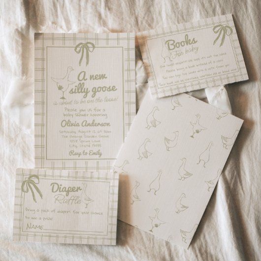 Hand getrokken Gekke Goose Neutral Gingham Baby sh Kaart