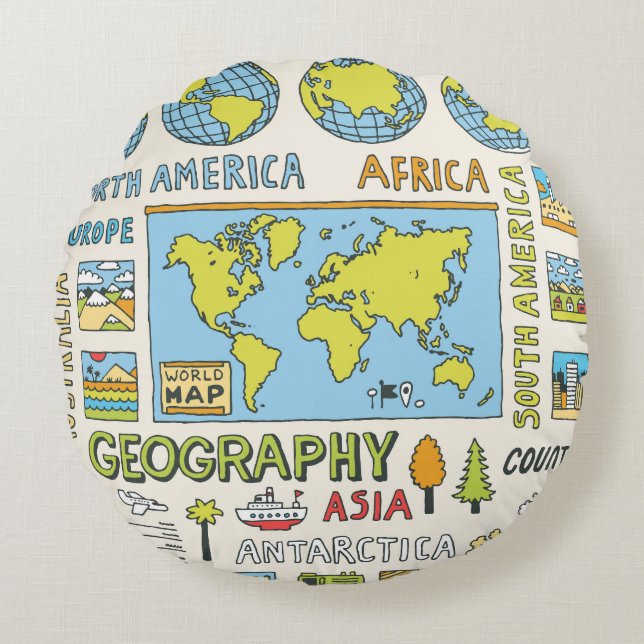 Hand getrokken  Geografie Illustratie Rond Kussen (Voorkant)