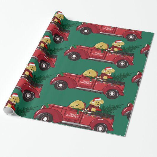 Hand getrokken Goldendoodles Rode Kerst Truck Cadeaupapier (Uitgerold)