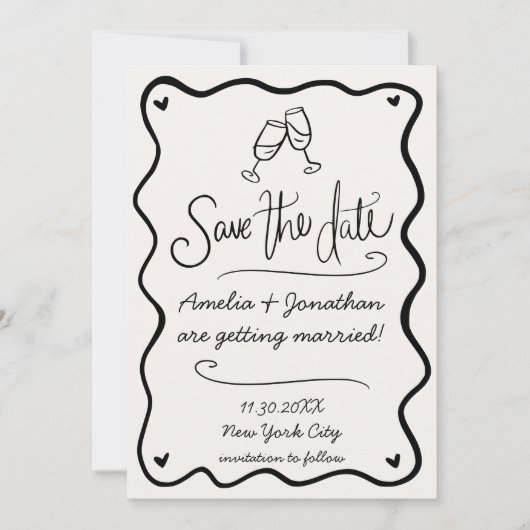 Hand getrokken golvende doedel bruiloft bewaar de  kaart (Voorkant)