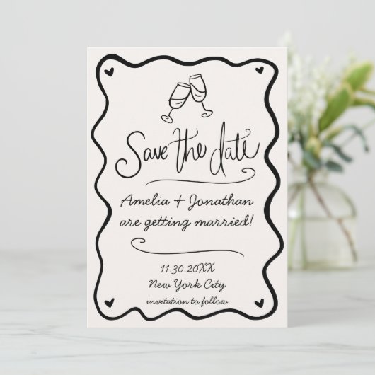 Hand getrokken golvende doedel bruiloft bewaar de  kaart (Staand voorkant)