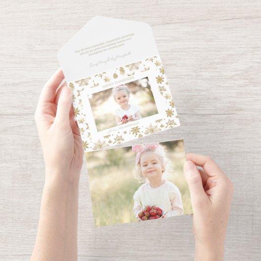 Hand Getrokken Gouden Folie Sneeuwvlok Kerstfoto All In One Uitnodiging (Uittrekbaar)