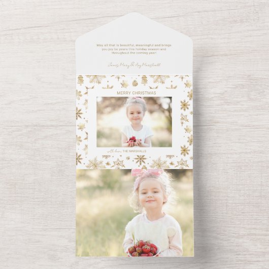 Hand getrokken Gouden Sneeuwvlok Kerstfoto All In One Uitnodiging (Binnen)