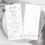 Hand getrokken grijs grillige bruiloft menu<br><div class="desc">Europees geïnspireerd grijs en wit grillig bruiloft diner menu. Deze betoverende trouwmenukaart heeft een charmant ontwerp dat is geïnspireerd op de Italiaanse, Franse en Europese esthetiek. Een met de hand getekende plaatsinstelling siert de bovenkant, terwijl een champagnefles en glas aan de onderkant zijn geaccentueerd met verspreide harten voor een romantische...</div>