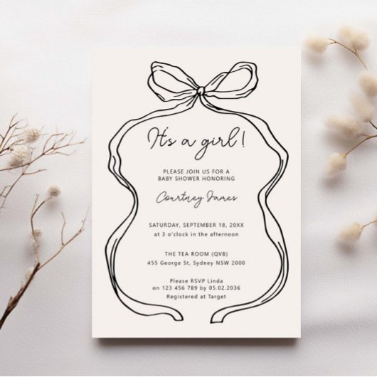 Hand getrokken grillig het is een meisje baby show kaart