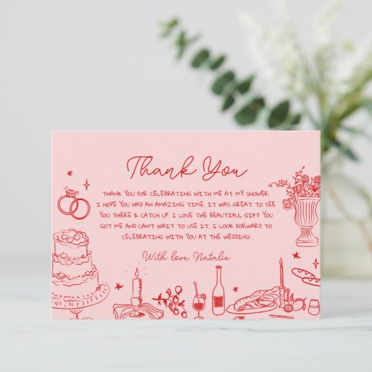 Hand getrokken grillig Vrijgezellenfeest Dank u Informatiekaartje (Staand voorkant)