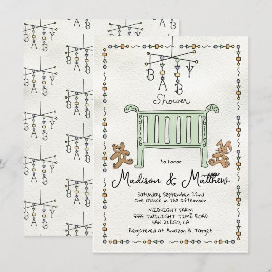 Hand getrokken grillig Wieg Baby shower Kaart (Voorkant / Achterkant)