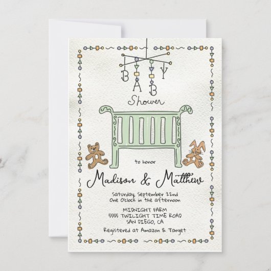 Hand getrokken grillig Wieg Baby shower Kaart (Voorkant)