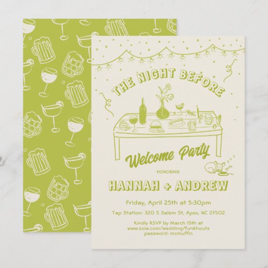 Hand getrokken grillige avond voor welkomstfeest kaart (Voorkant / Achterkant)