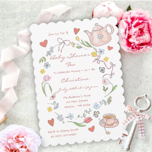Hand getrokken grillige Baby shower Tea Party Kaart