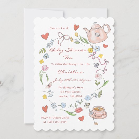 Hand getrokken grillige Baby shower Tea Party Kaart (Voorkant)