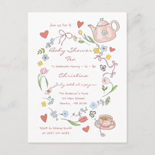 Hand getrokken grillige Baby shower Tea Party Uitn Briefkaart (Voorkant)