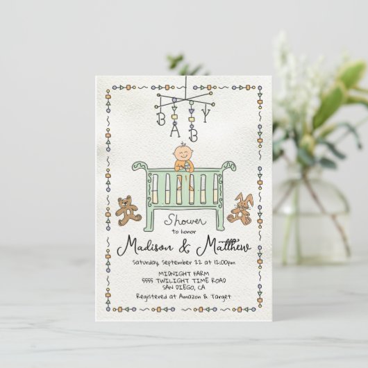 Hand getrokken grillige Baby Wieg mobiel Kaart (Staand voorkant)