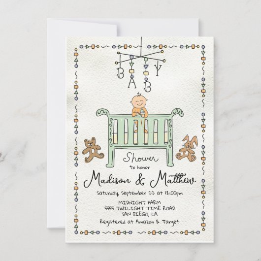 Hand getrokken grillige Baby Wieg mobiel Kaart (Voorkant)