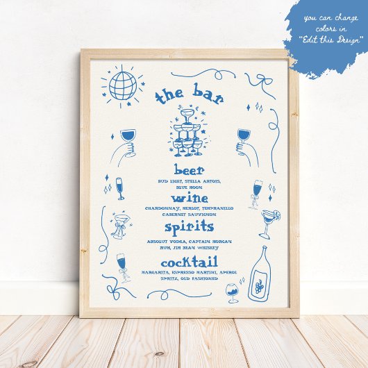 Hand getrokken grillige bar menu bruiloft teken poster