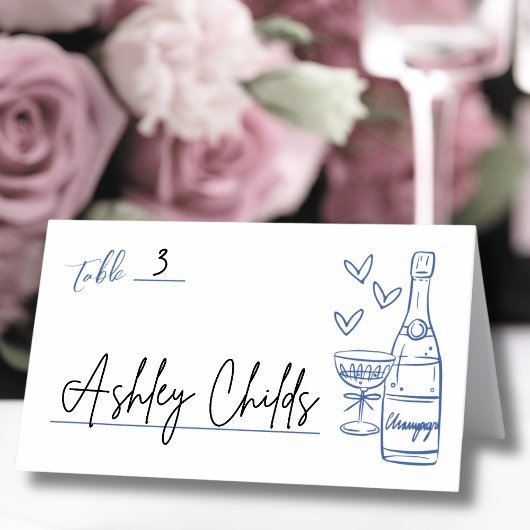 Hand getrokken grillige blauwe bruiloft plaatskaartje